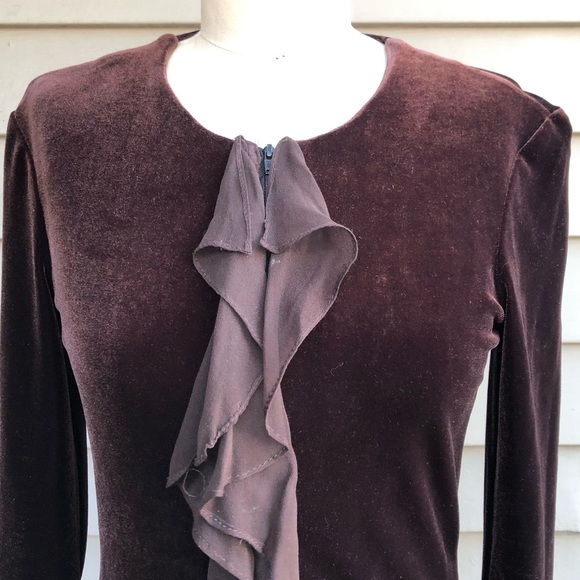 Vintage Cachet Y2K Whimsigoth Ethereal Dark Brown Velvet Silk Ruffle Zip Up Top - Picture 8 of 17